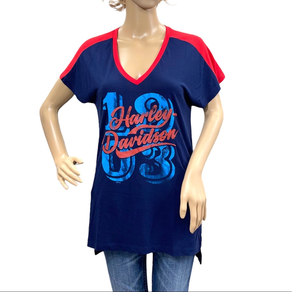 NWT HARLEY-DAVIDSON Navy Blue V-Neck Ladies Short Sleeve Tee Shirt Size Small